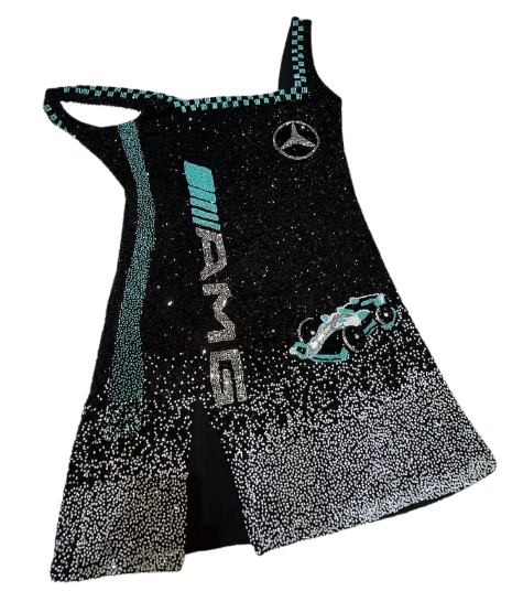 A black Mercedes-AMG racer dress embellished with silver rhinestones, featuring a Mercedes star logo, vertical AMG lettering, a checkered neckline, and a racing car graphic on a white background.