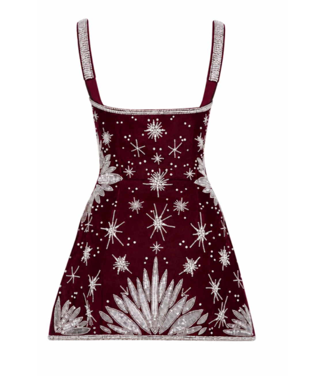 A sleeveless burgundy dress with silver glittery star and leaf patterns, featuring thin straps and a square neckline, shown against a plain white background.