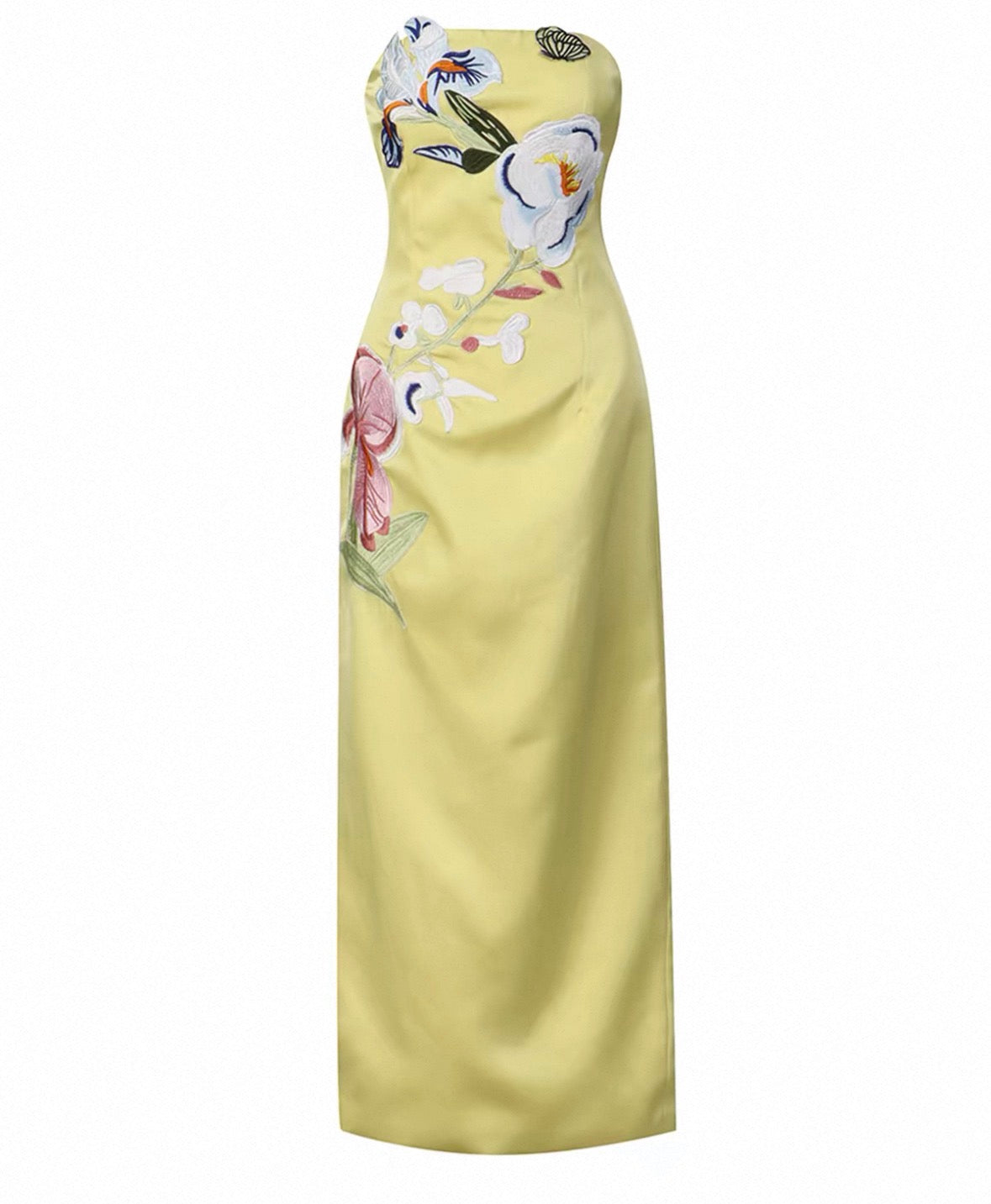 A strapless yellow satin maxi dress with colorful floral embroidery on the bodice and upper skirt, shown against a plain white background.