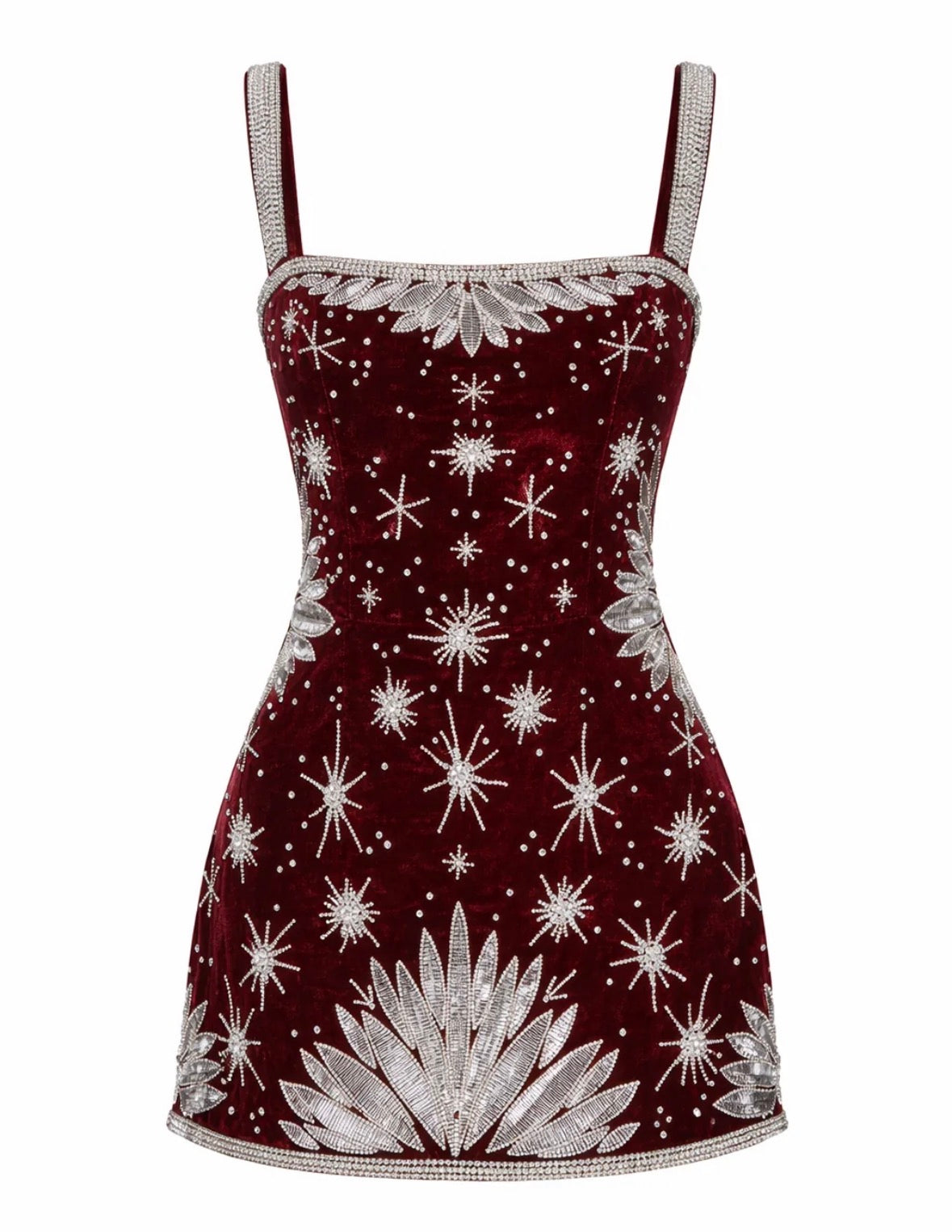A sleeveless burgundy velvet mini dress with silver rhinestone starburst and sunburst patterns, featuring thin shoulder straps and a fitted silhouette.