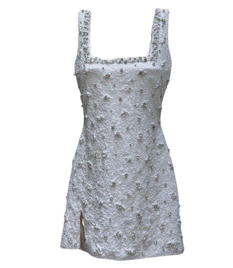A sleeveless white textured dress with silver beaded embellishments, a square neckline, and wide shoulder straps, shown against a plain white background.