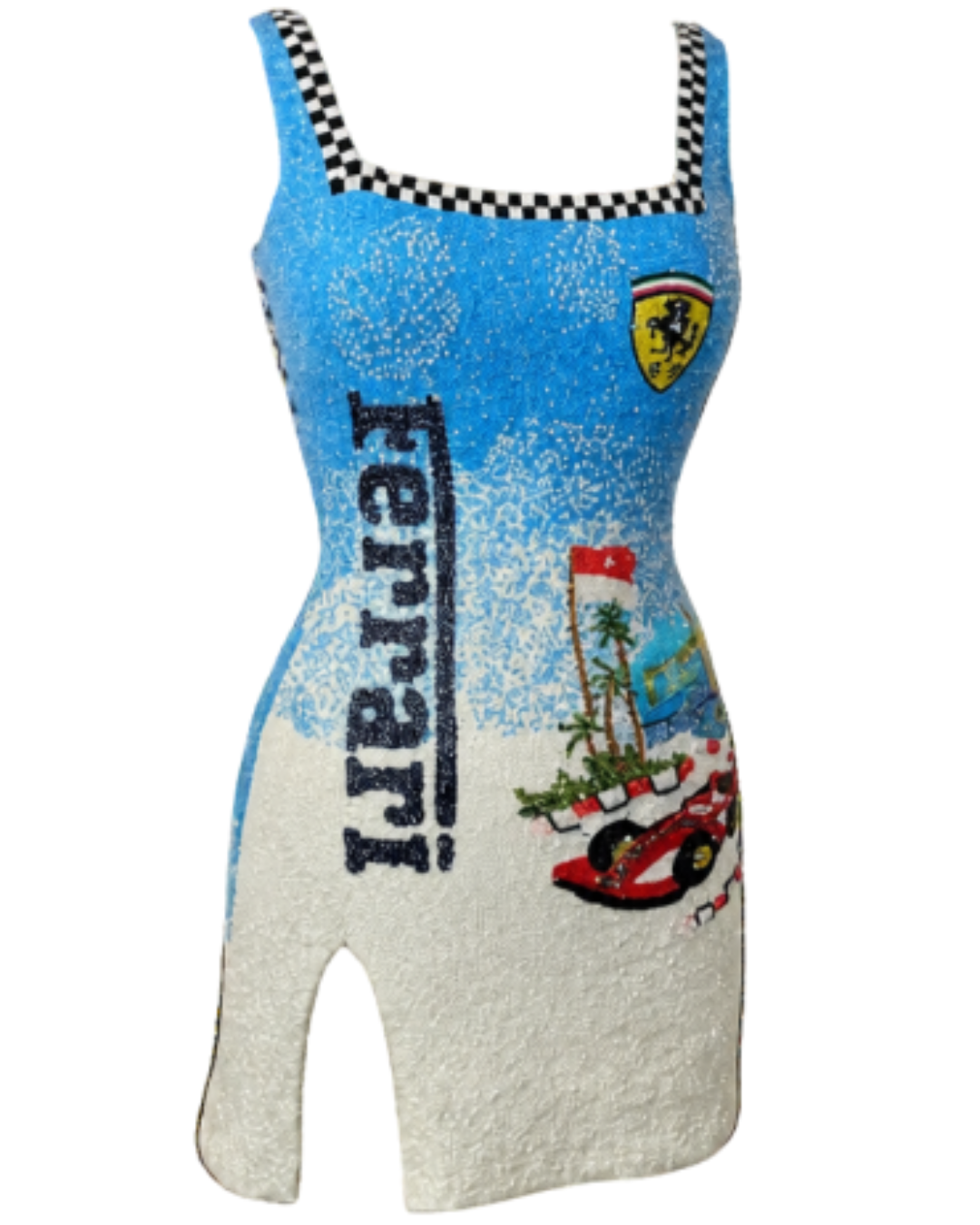 A vintage-style Ferrari knit dress with a blue and white speckled pattern, featuring the Ferrari logo, 'Ferrari' text, a checkered neckline, and a red race car graphic.