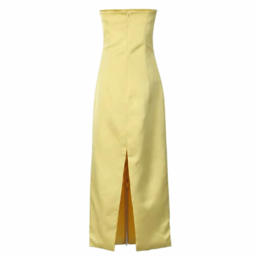 A strapless high-waisted yellow maxi dress with a front slit, shown on a plain white background.