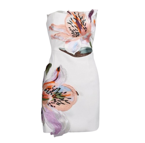 A white strapless tube dress featuring a watercolor-style floral print of two lilies in soft pink, purple, and green tones, shown against a plain white background.