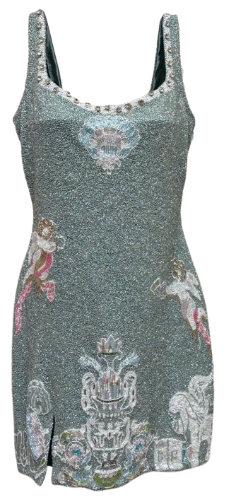 A sleeveless embellished mini dress in a shimmering teal-green sequin fabric, decorated with silver cherub and urn motifs, and finished with a scoop neckline accented by rhinestones.