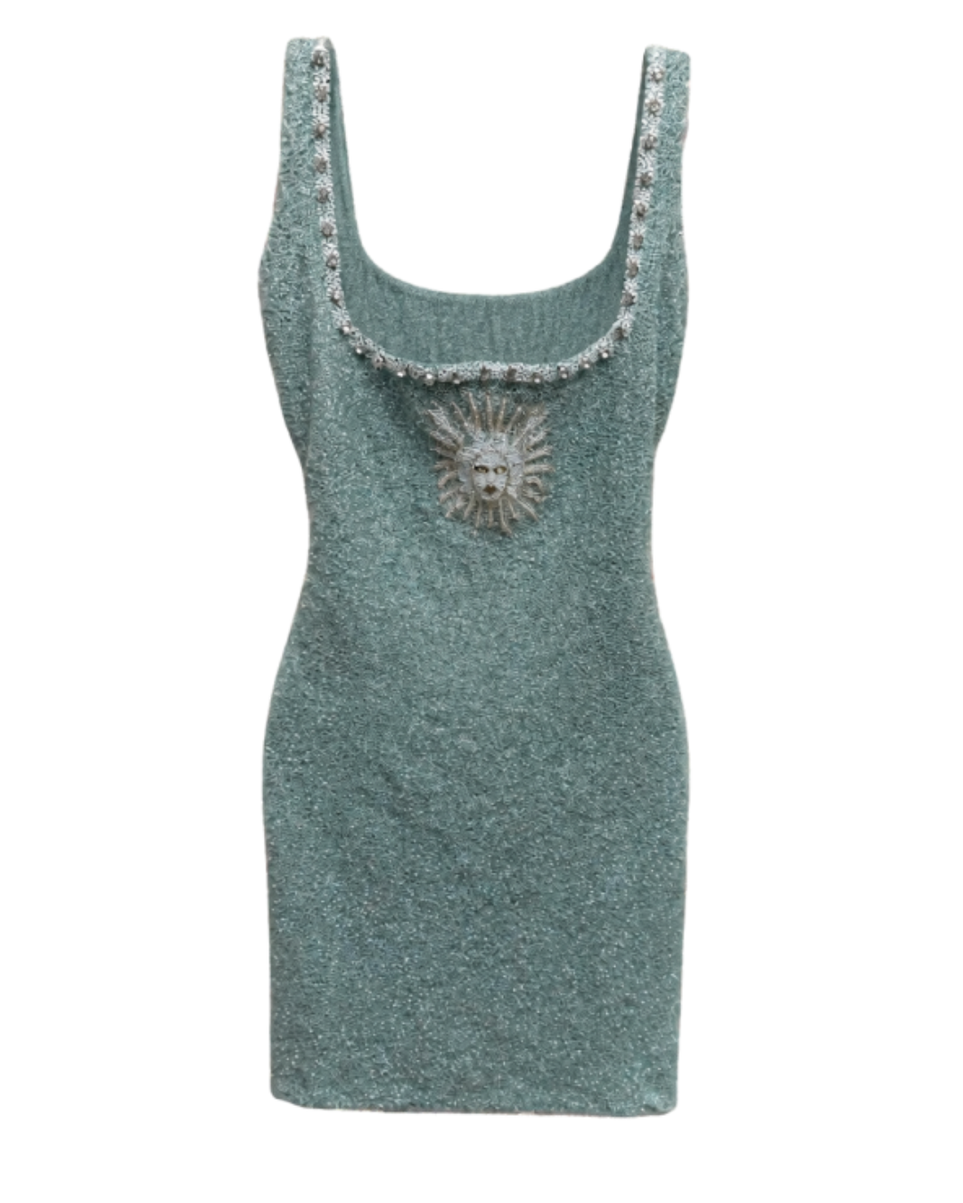 A sleeveless knit mini dress in a textured sage green color, featuring a scoop neckline adorned with silver rhinestones and a central metallic sunburst embellishment.
