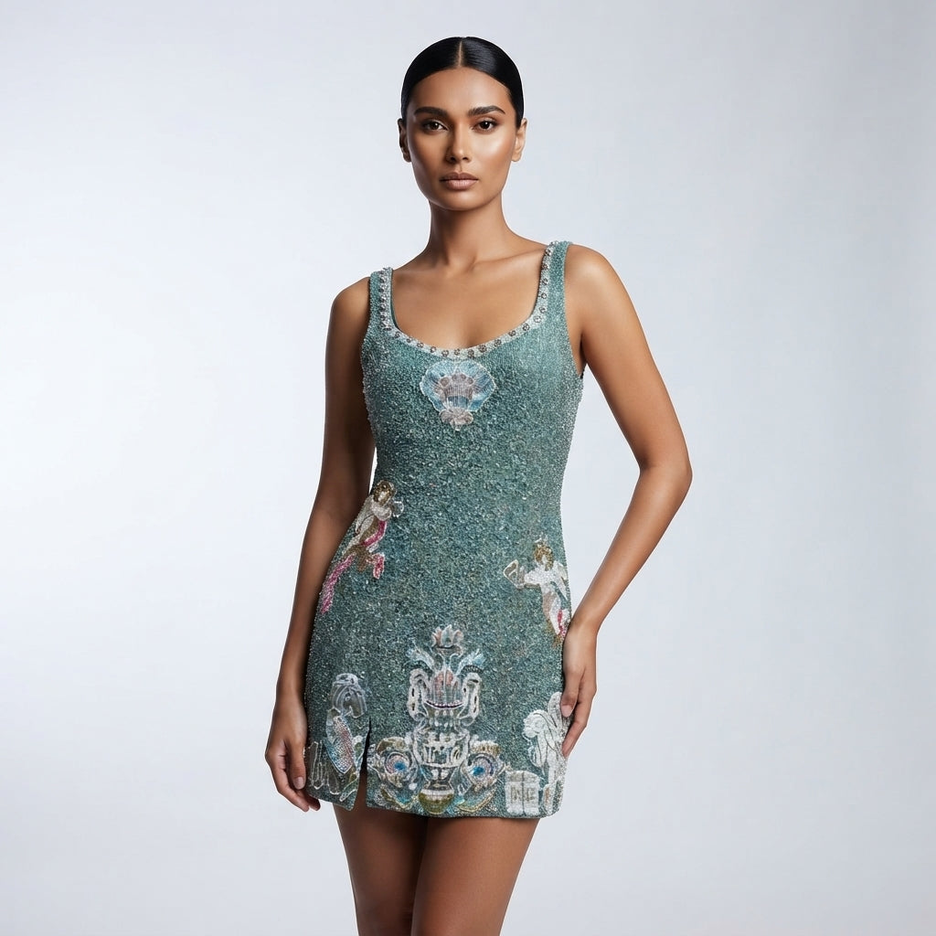 A woman modeling a sleeveless, scoop-neck mini dress covered in intricate multicolor embroidery and beadwork on a textured teal-green base, set against a plain light gray studio background.