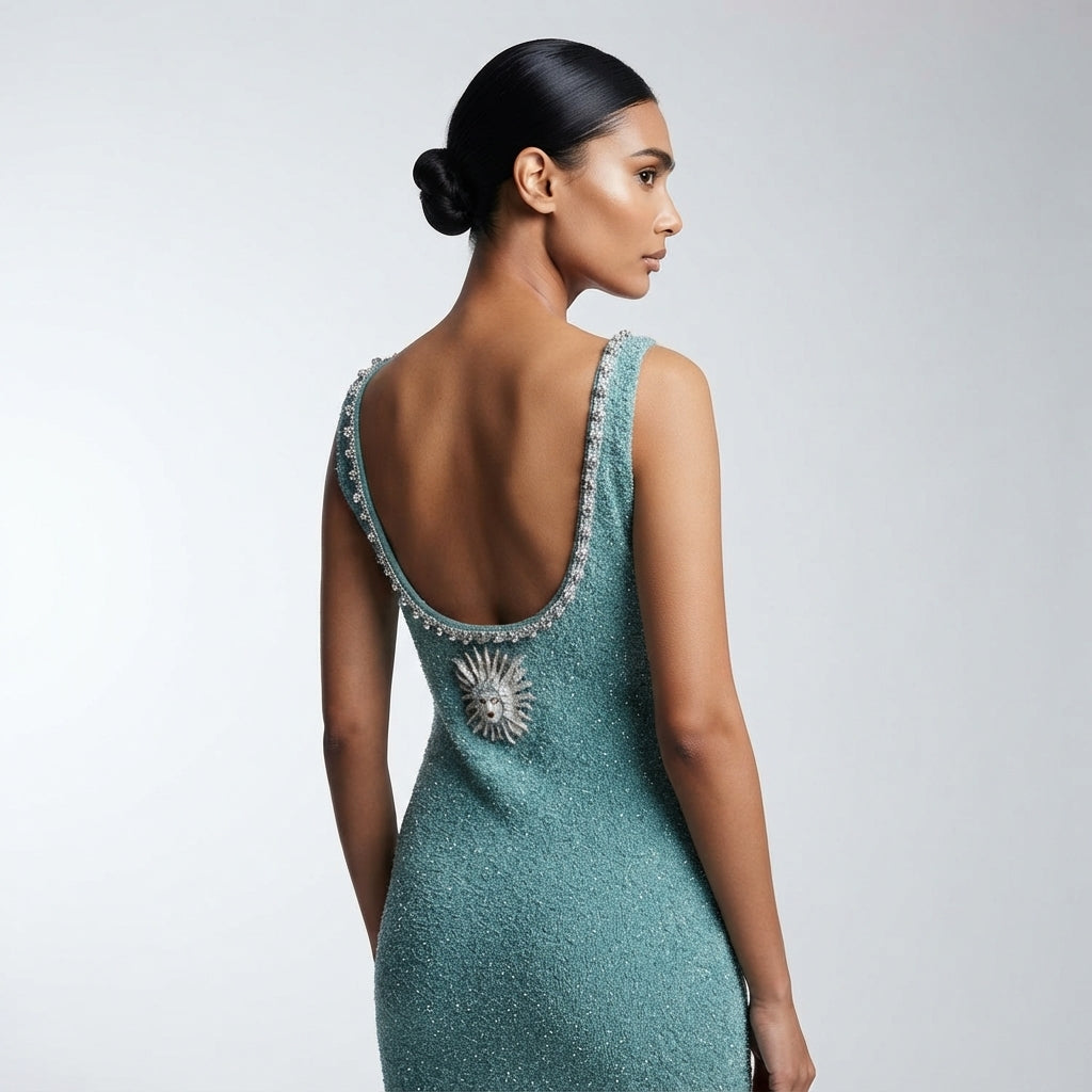 A woman shown from the back wearing a sleeveless textured teal dress with a deep open back, embellished with a silver sunburst brooch and beaded trim.