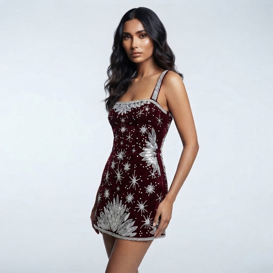 A woman modeling a sleeveless burgundy mini dress with silver sequin starburst and floral patterns against a light gray studio background.