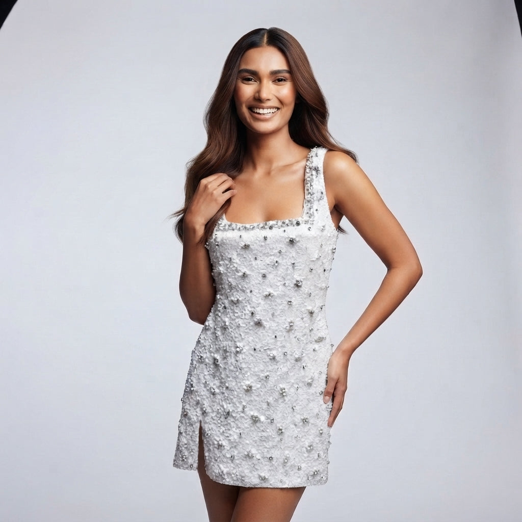 A woman modeling a sleeveless white embellished mini dress with a square neckline and thick straps, photographed against a light gray studio background.