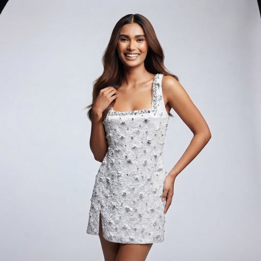 A woman modeling a sleeveless white embellished mini dress with a square neckline and thick straps, photographed against a light gray studio background.