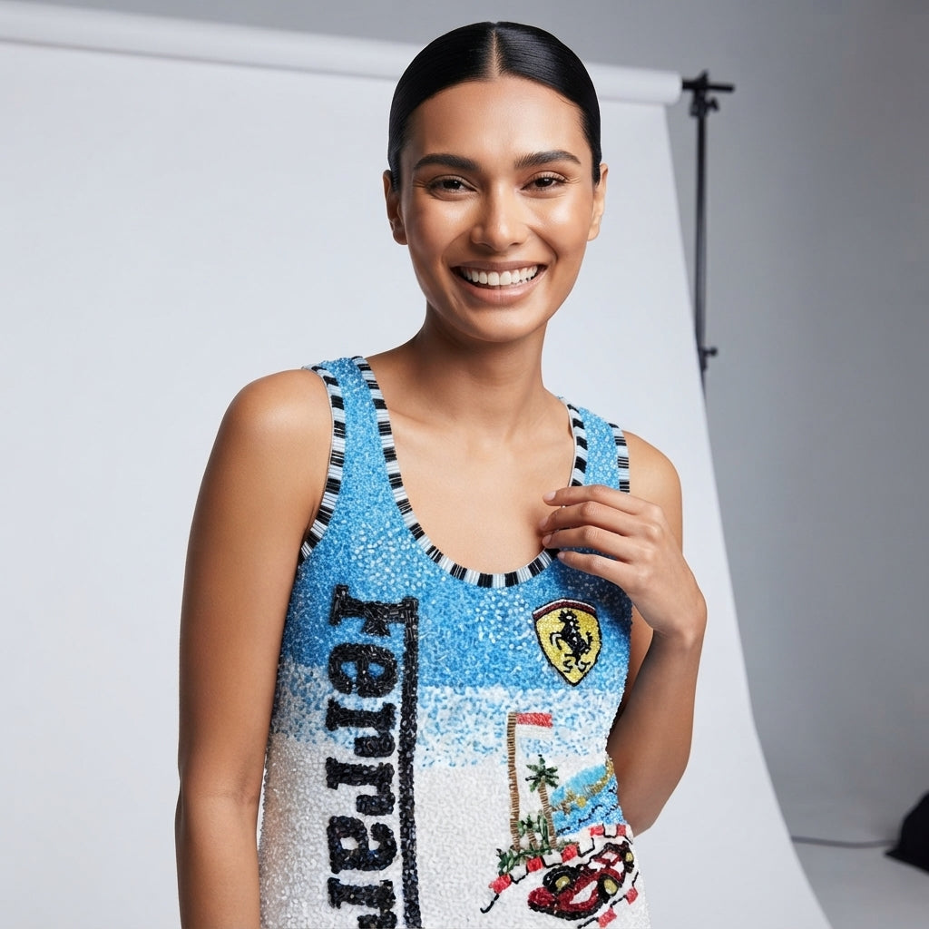 A smiling woman wearing a sleeveless blue and white Ferrari tank top with sequins, the Ferrari shield logo, and 'Ferrari' text, photographed against a light gray studio backdrop.