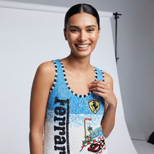 A smiling woman wearing a sleeveless blue and white Ferrari tank top with sequins, the Ferrari shield logo, and 'Ferrari' text, photographed against a light gray studio backdrop.