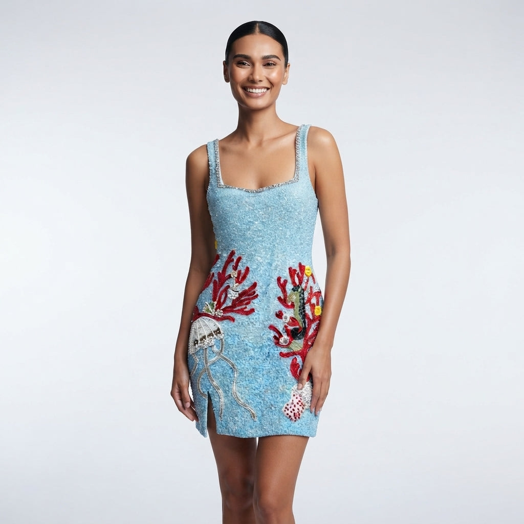 A woman modeling a light blue sequined mini dress with red coral and sea urchin embellishments, set against a plain light gray studio background.