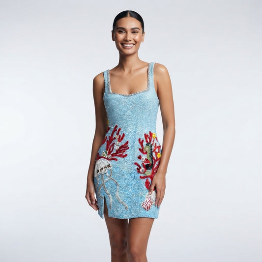 A woman modeling a light blue sequined mini dress with red coral and sea urchin embellishments, set against a plain light gray studio background.